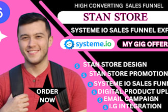 setup stan store digital product, stan store design, systeme io sales funnel