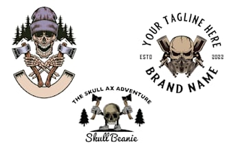 make retro woodwork hand drawn skull axes logo