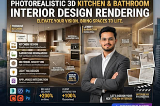 photorealistic 3d kitchen design and bathroom interior design rendering