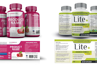 do product label design, supplement label and bottle label with 3d mock up