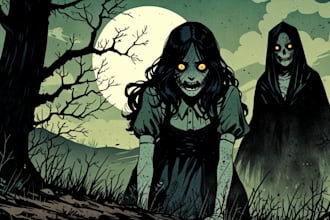 make an dark,horror, creepy illustration with vintage comic art style