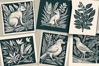 do linocut illustration botanical, animal for your brand