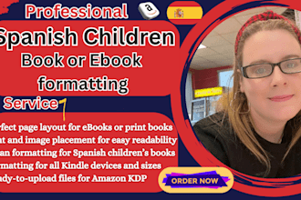 upload spanish children book for amazon kdp book publishing, ebook formatting
