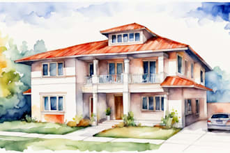 create your house image into a digital watercolor home portrait illustration