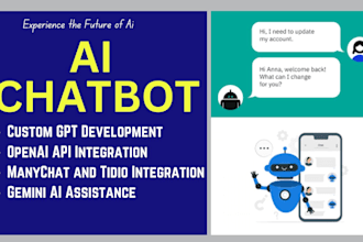 build, integrate custom gpt using openai assistants API, manychat, tidio, gemini