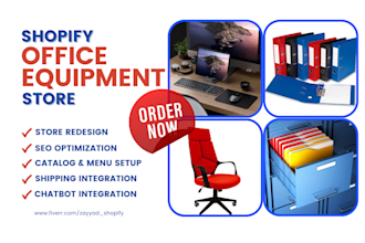design office equipment shopify store, office supplies gadgets furniture website