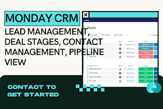 setup monday CRM lead management, deal stages, contact management, pipeline view