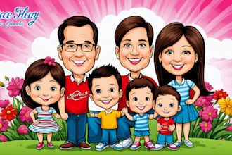 draw cartoon caricature family, portrait, group, and team outing