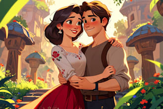 turn your into a disney style beautiful cartoon couple character illustration