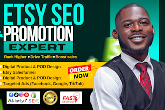 setup, rank, promote etsy shop with etsy SEO, listing and digital product design
