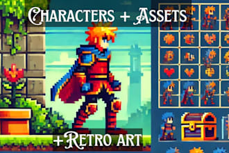 create retro pixel art 8bit, 16bit character spritesheet, items icons and assets