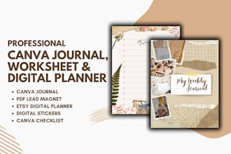 do canva journal design workbook, lead magnet worksheet, planner, adobe express