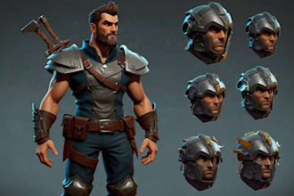 do stylized 3d character model, game character, blender 3d and weapons for game