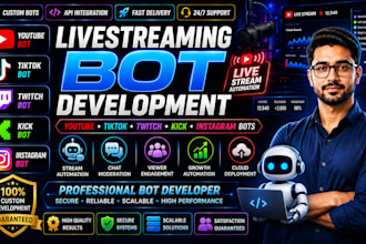 develop livestreaming bot youtube bot, tiktok bot twitch kick bot, instagram bot