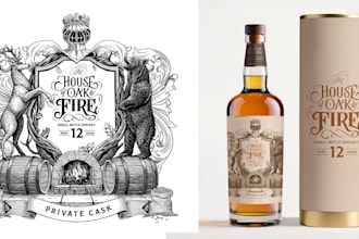 create vintage engraving illustration and lettering for spirits, beer, wine