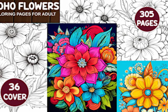boho flowers coloring pages for adults book design for KDP