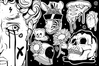 draw black and white line art for tattoos, tshirts and merch