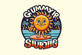 make a high quality summer sunny surfing cartoon logo design in one day