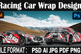 create racing car wrap, vehicle wrap, itasha wrap design with extreme creativity