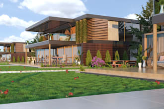 design 3d exterior design, eco style, minimalist design,resting home, panoramic