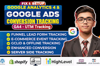 setup google analytics 4, utm, gclid, ads conversion tracking for shopify, ghl