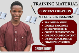 design digital brochure sales pitch deck, online course content training manuals