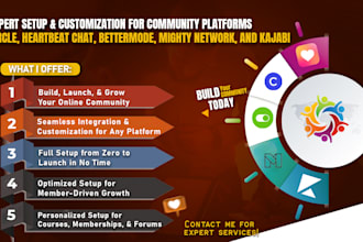 setup and customize circle, heartbeat chat, bettermode, and kajabi platforms