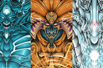 draw anime illustrations of yu gi oh monsters cards  in my style