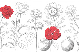 draw a botanical illustration of flowers, plants, and fruits, line art