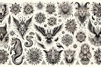 draw black and white geometric tattoos, flowers, animal portrait tattoo