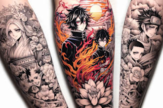 do custom tattoo design , anime , traditional or realistic sleeve tattoo artist