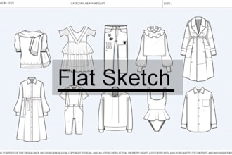 design tech pack for workout clothes, flat sketch style and cad drawing fashion
