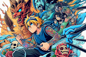 create custom anime tattoo or cartoon tattoo desingn in color