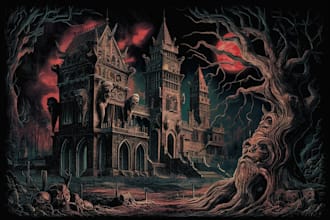 draw detailed dark art illustration with engraving style