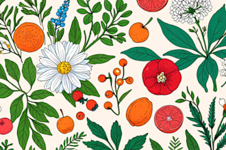 create botanical illustrations of flowers, plants, fruits