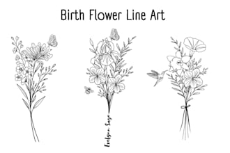 illustrate custom birth flower, line art for tattoo