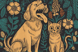 do animal and botanical linocut doodle illustration