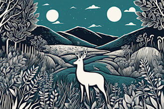 illustrate animal and botanical linocut doodle illustration