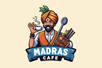 create beautiful madras cafe, restaurant, food mascot logo only 12 hours