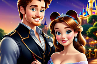 draw you cute disney couple portrait