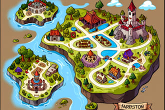 draw unique cartoonic fantasy vector map, event maps, city maps, illustration