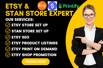 set up etsy shop, stan store, etsy print on demand, etsy listings, seo