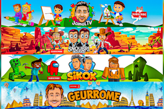 design youtube banner logo and draw cartoon, kids, vtuber, anime, twitch, anime