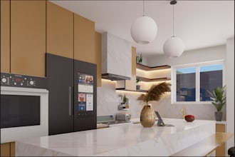 create 2d and 3d design for interior kitchen with furniture