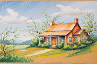 hand paint landscape, house, objects in digital oil painting
