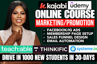 do udemy online course promotion, teachable thinkific kajabi course sales funnel