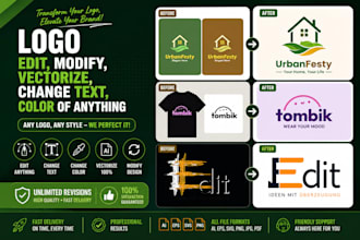 logo edit, modify, vectorize, change text, color of anything