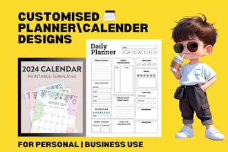 do custom printable planner template, calendar design, etsy journal and tracker