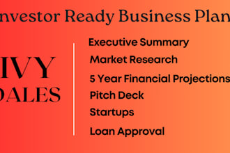 draft investor ready business plan, 5 year financials, pitch, market research
