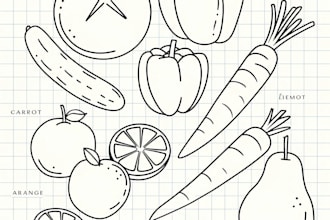 draw a botanical illustration fruits and vegetable, line art